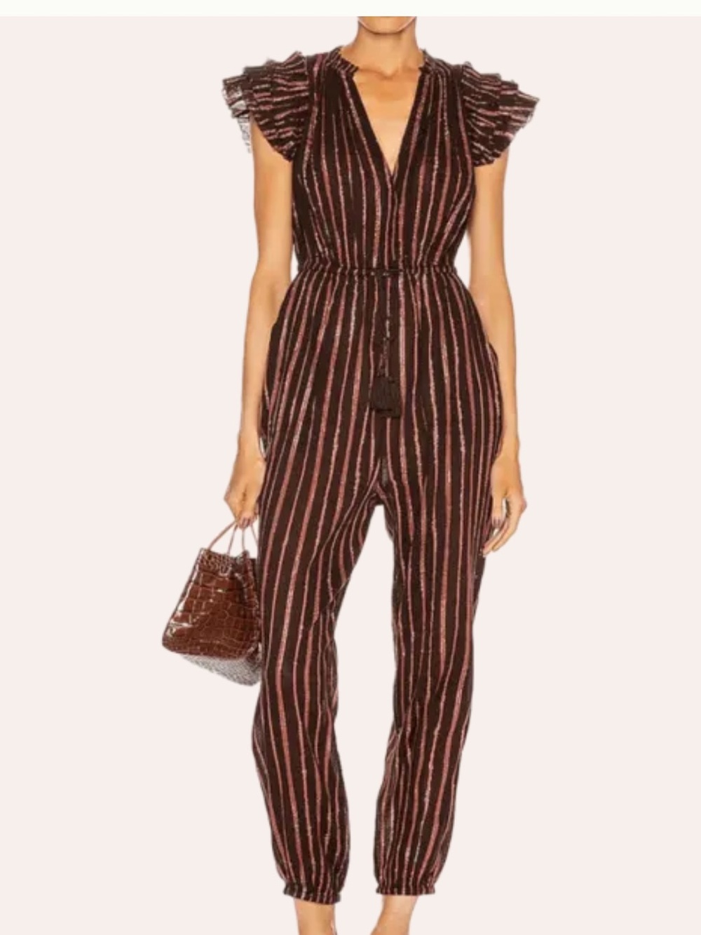 Ulla Johnson Elio Brown & Pink Striped V-Neck Jumpsuit with Tassel Waist